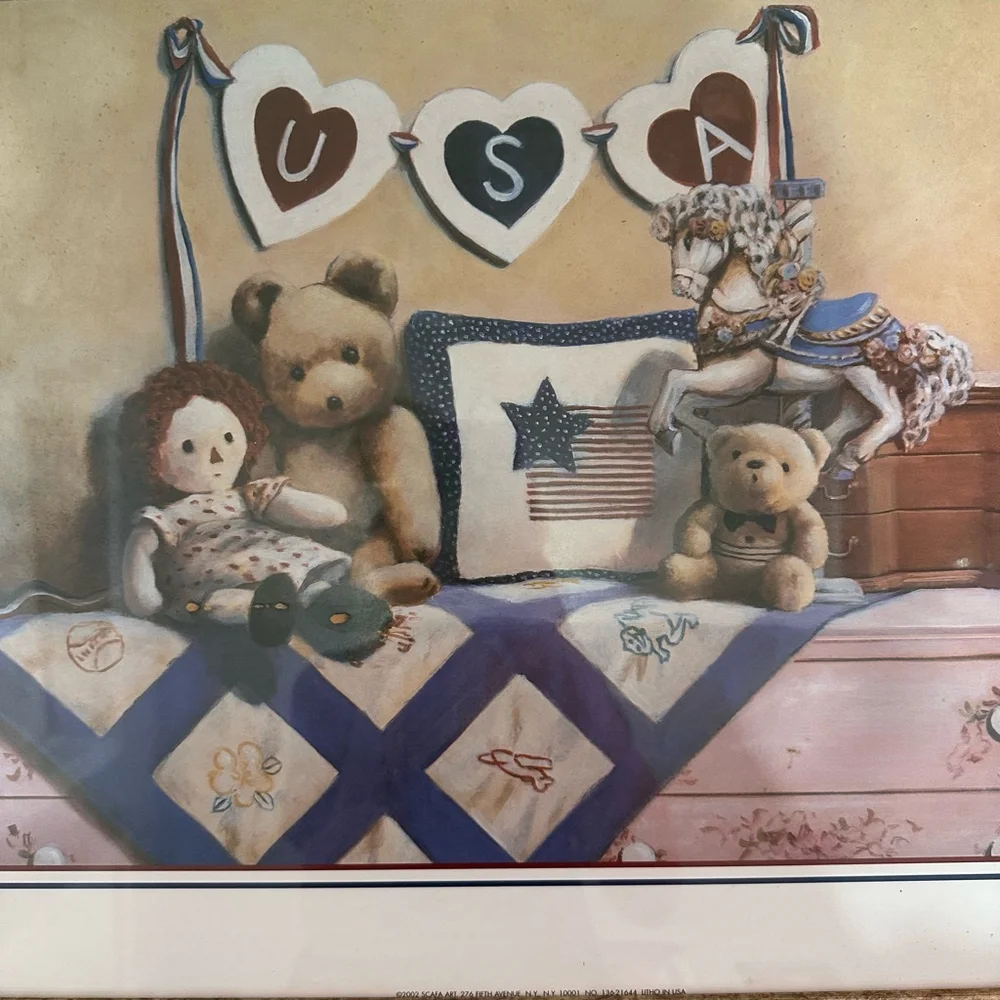 Scafa Art 2002 Framed USA Teddy Bear Print 24x20 Multi-color